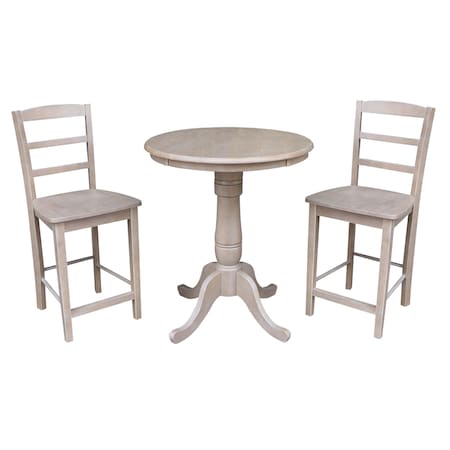 International Concepts Round 30 in Rd Ped Gathering Ht Table, 2 Madrid Counter Ht Stools, Gray Taupe, 30 in W, 30 in L, Wood K09-30RT-6B-S402-2